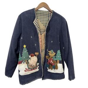 Country Lace Navy With 3D Applique Santa Reindeer Jacket Cardigan Coat Ugly